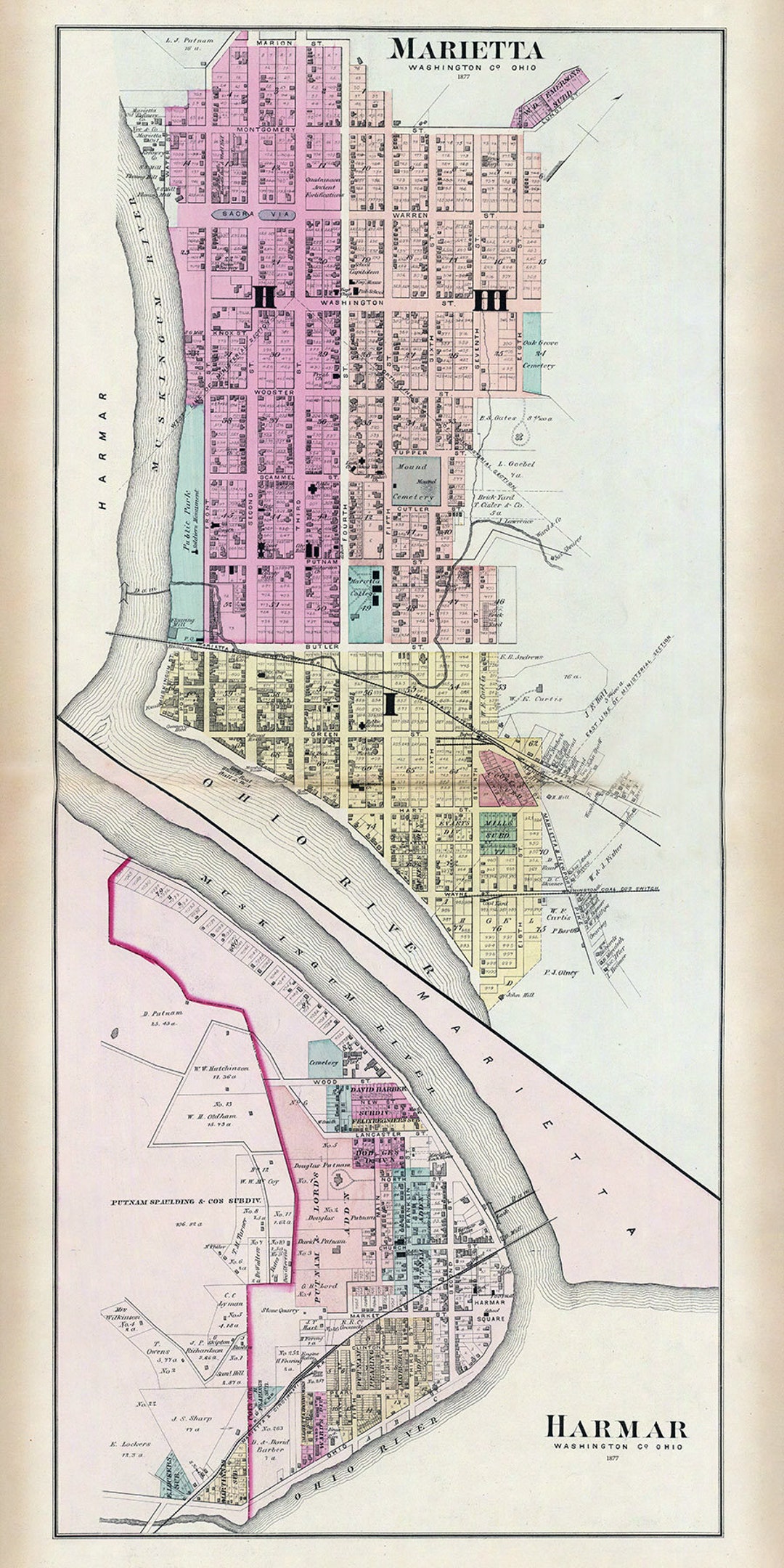 1877 Town Map of Marietta Washington County Ohio - Etsy