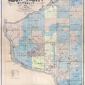 1890 Farm Line Map of Grant County Wisconsin Lancaster