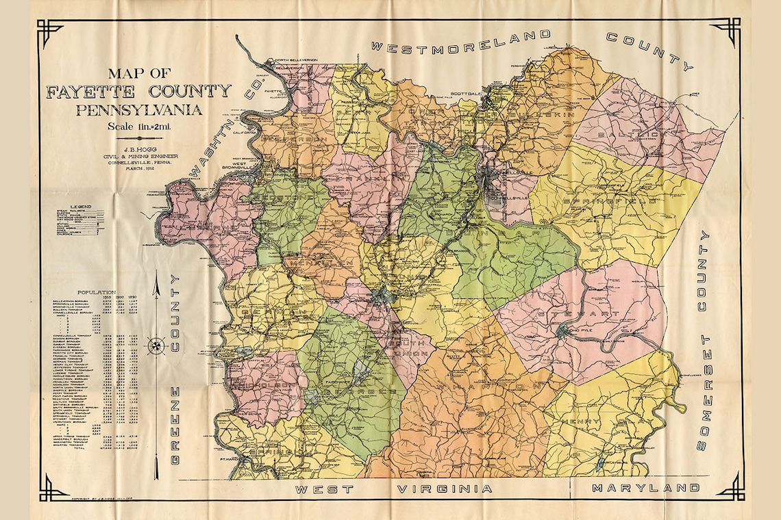 1912 Map of Fayette County Pennsylvania Coal Mines Coke Ovens Etsy