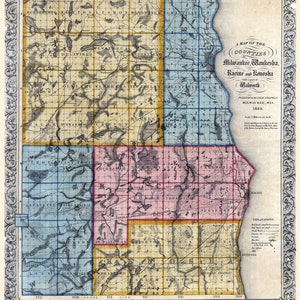 1855 Map of the Counties of Milwaukee Waukesha Racine Kenosha Walworth Wisconsin