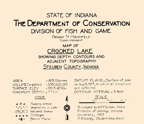 1923 Map of Crooked Lake Steuben County Indiana - Etsy