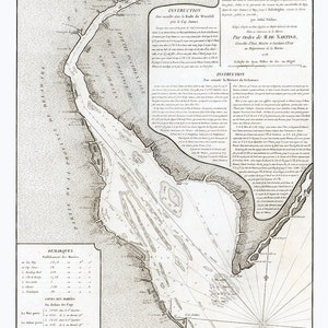 May include: An antique black and white map of the Delaware River and Bay, with French text. The map shows detailed geographical features, navigational instructions, and coastal outlines. It is a historical document, likely from the 18th century.