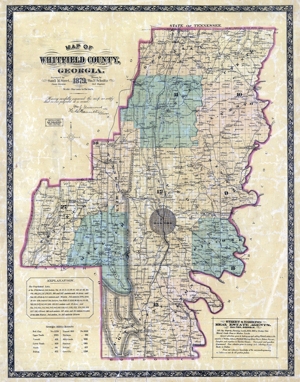 1879 Map of Whitfield County Georgia Dalton Landowner reprint