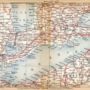 1907 Map of Lake Erie and Ontario Canada Pennsylvania