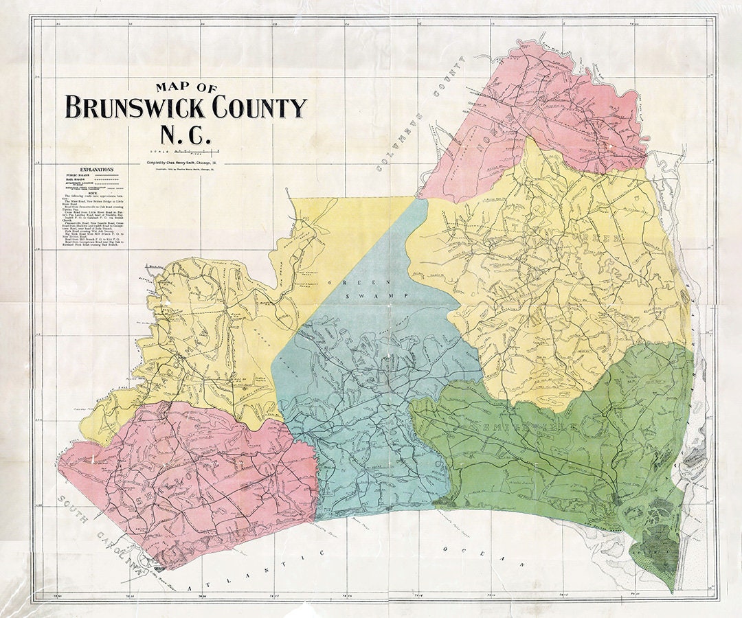 1910 Map of Brunswick County North Carolina Etsy