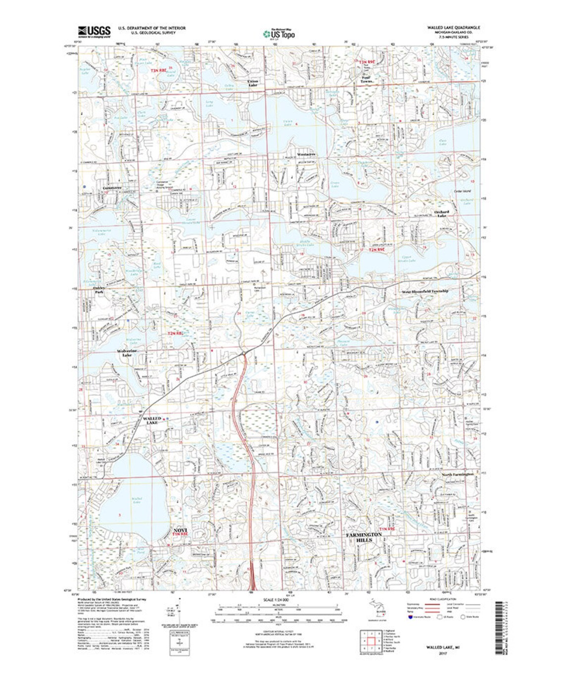 2017 Topo Map of Walled Lake Michigan Quadrangle Etsy