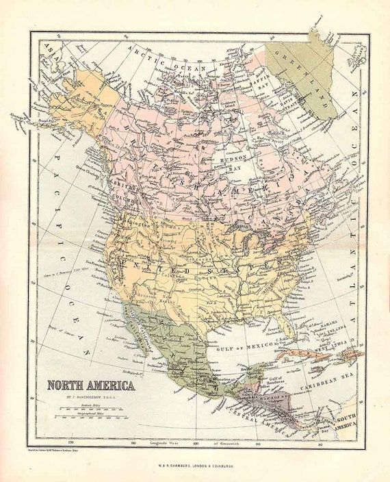 アンティーク　1800年代中央アメリカの地図 アンティーク 1800年代中央アメリカの地図 （古いカラーマップの