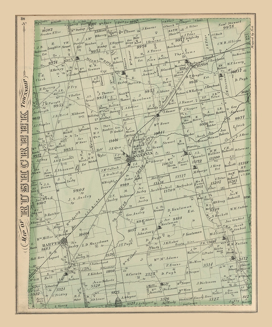 1875 Map of Rush Creek Township Logan County Ohio Etsy
