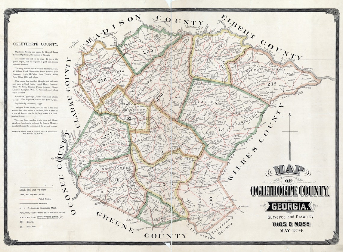 1894 Map of Oglethorpe County Lexington landowner Etsy