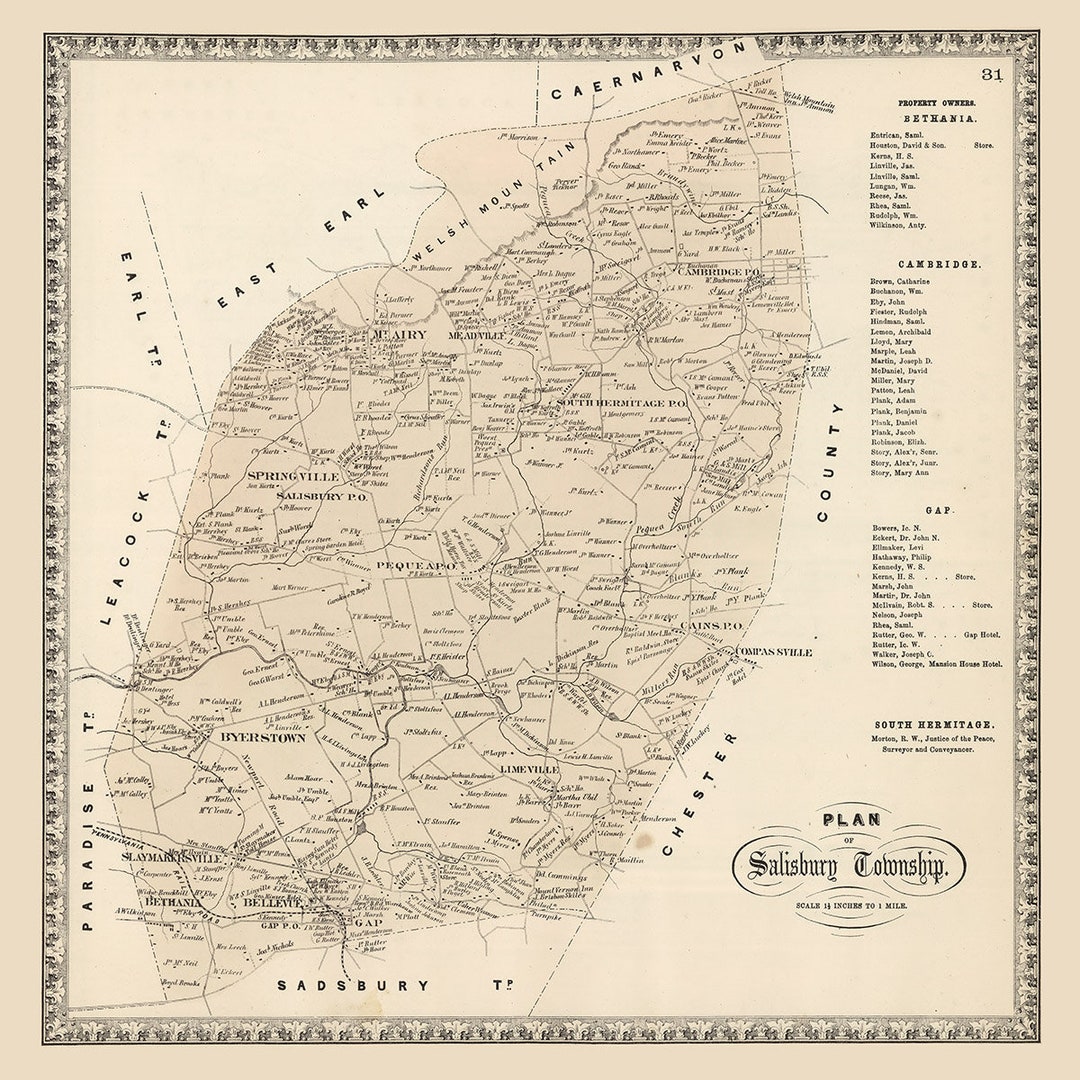 1864 Map of Salisbury Township Lancaster County Pennsylvania Etsy