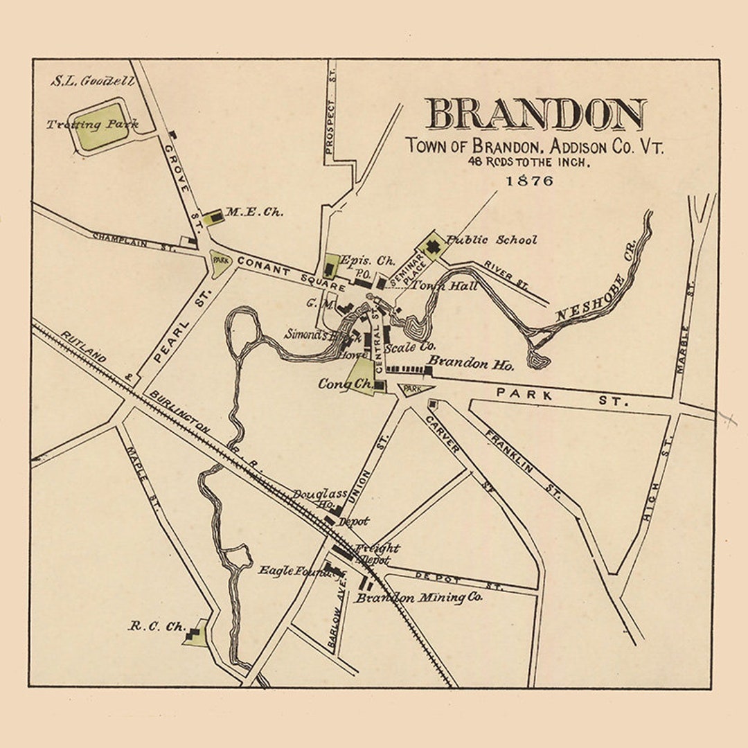 1876 Town Map of Brandon Vermont Etsy