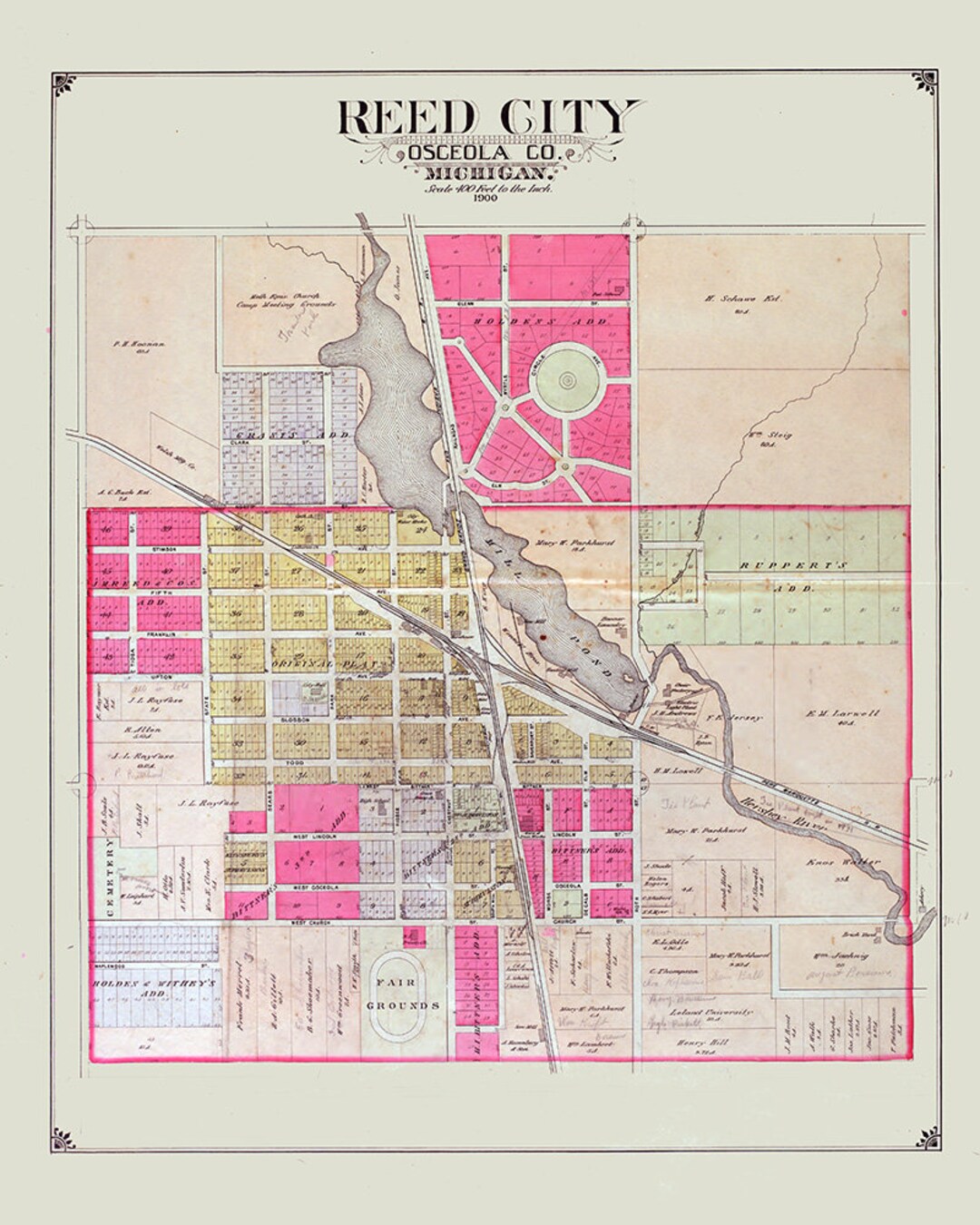 1900 Town Map of Reed City Osceola County Michigan Etsy
