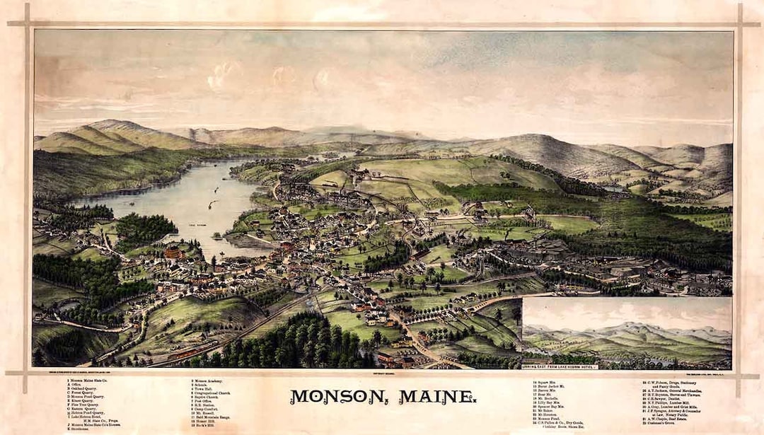 1889 Panoramic Map of Monson Maine Etsy