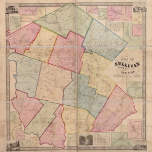 1856 Carte du comté de Sullivan, NY à partir d'enquêtes réelles Monticello