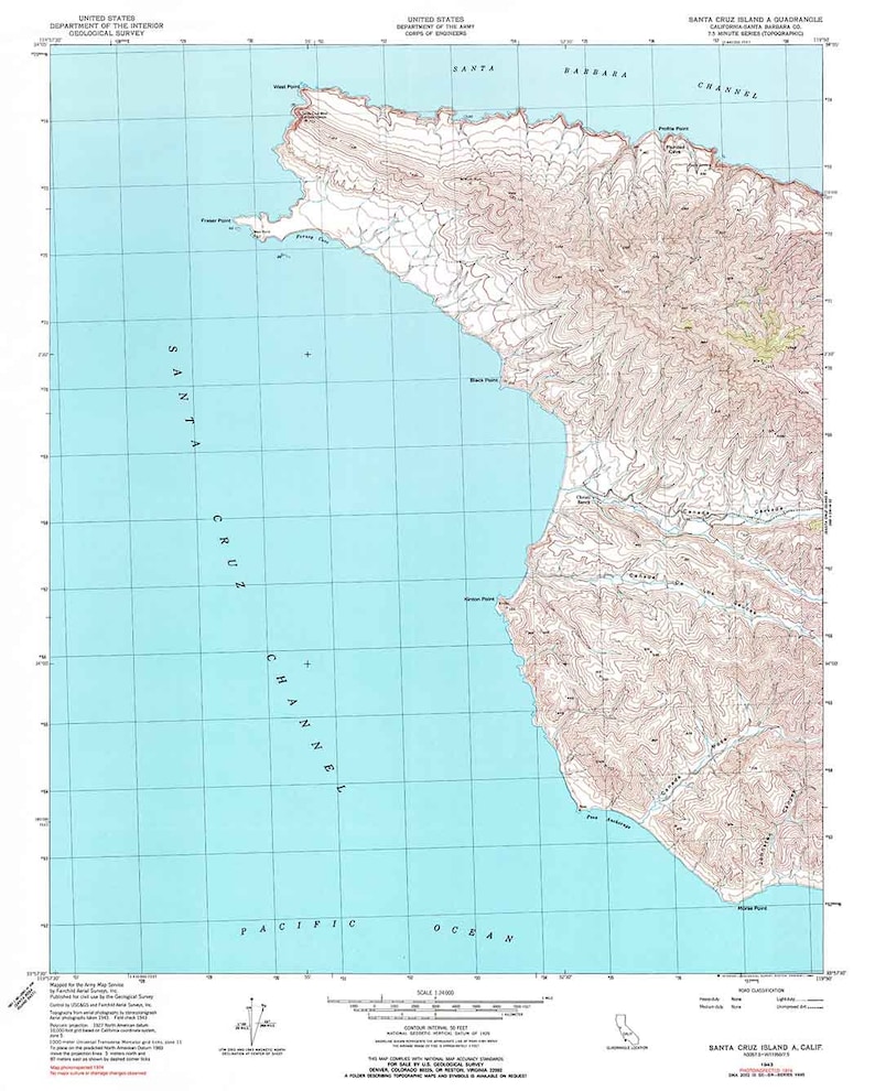 1943 Topo Map of Santa Cruz Island California Etsy