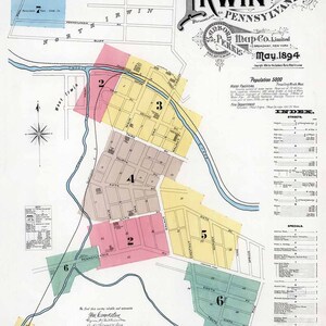 1894 Plan de la ville d'Irwin, comté de Westmoreland, Pennsylvanie