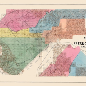 May include: A vintage map of Fresno County, California, from 1891. The map is divided into districts and shows the boundaries of surrounding counties. The map is printed in black and white with colored lines and shading.