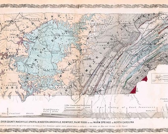 May include: A vintage geological map of Tennessee, published by J.H. Safford, A.M., Ph.D. in 1859. The map is color-coded to show different geological formations and features. The map is titled "Geological Map of Tennessee" and includes a key to the different colors and formations. The map is printed on paper and has a decorative border.