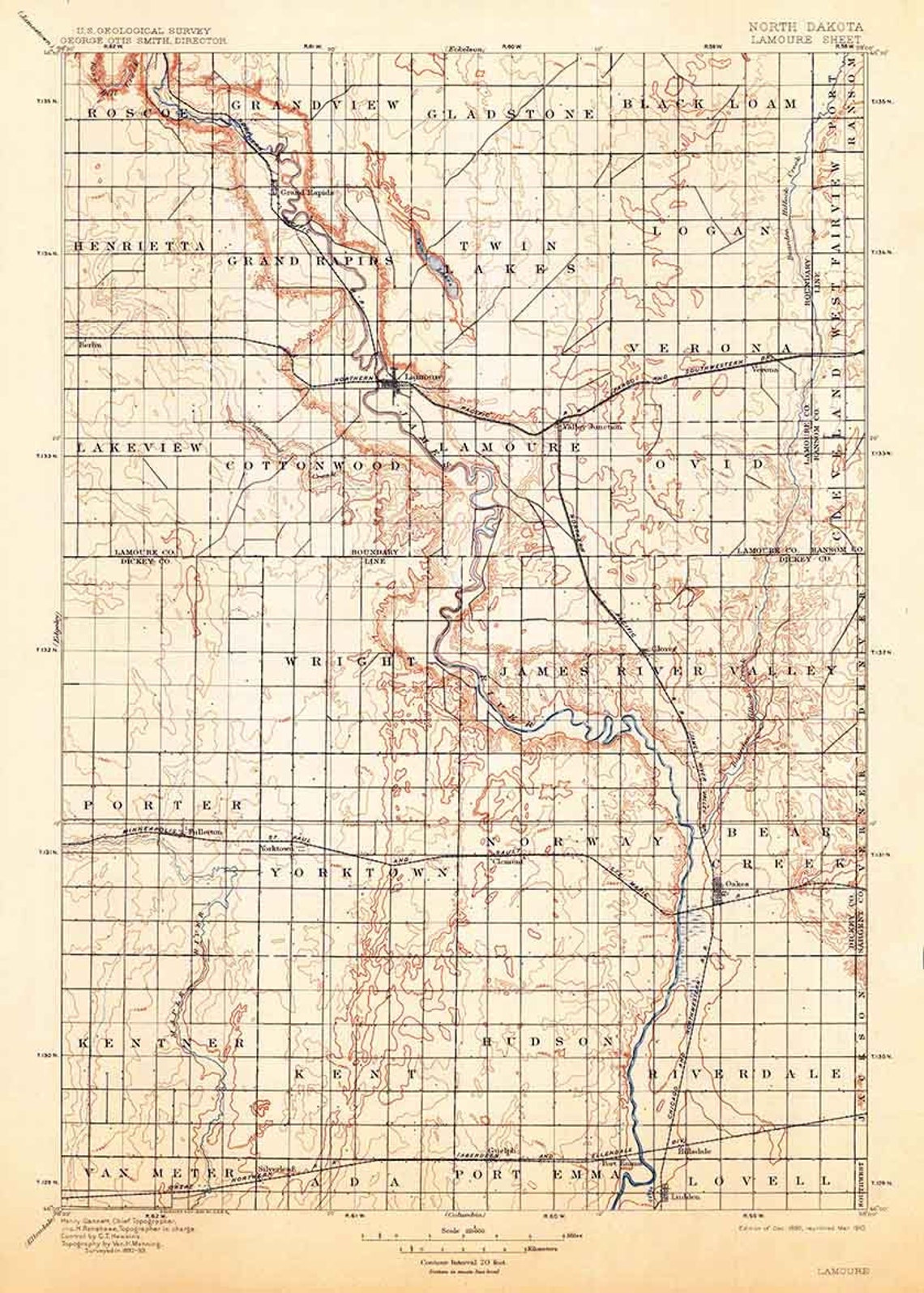 1895 Topo Map of Lamoure North Dakota Grand Rapids Etsy
