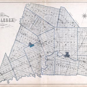 Puede incluir: Mapa antiguo del condado de Middlesex, Ontario, de 1871. El mapa presenta una cuadrícula detallada de carreteras y municipios, con el nombre del condado en letras ornamentadas. El mapa está en tonos azules y grises sobre un fondo color crema.