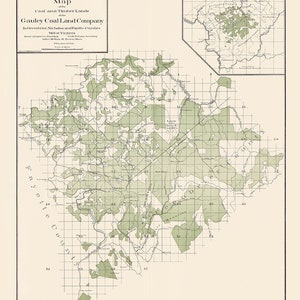 May include: A map of coal and timber lands owned by the Gauley Coal Land Company in Greenbrier, Nicholas, and Fayette counties in West Virginia. The map shows the location of the company's land holdings, which are marked in green. The map also includes a grid system, which is used to identify the different sections of land.