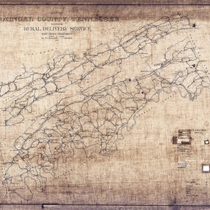 Puede incluir: Un mapa vintage del condado de Grainger, Tennessee, que muestra las rutas del servicio de entrega rural. El mapa está impreso en papel beige con textura de lino. El mapa muestra las carreteras, las ciudades y las oficinas de correos del condado. El mapa está titulado "Mapa del condado de Grainger, Tennessee Mostrando el servicio de entrega rural Departamento de Correos 17 de junio de 1918."