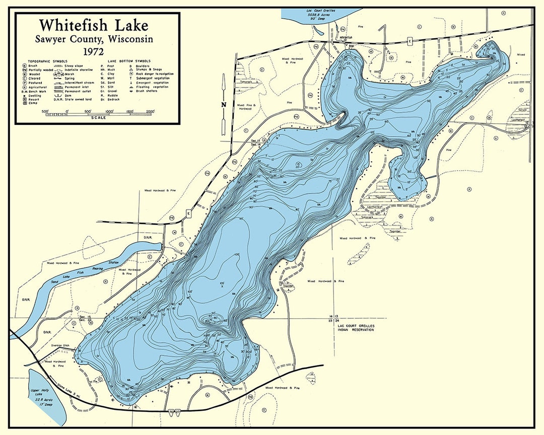 1972 Map of Whitefish Lake Sawyer County Wisconsin Etsy