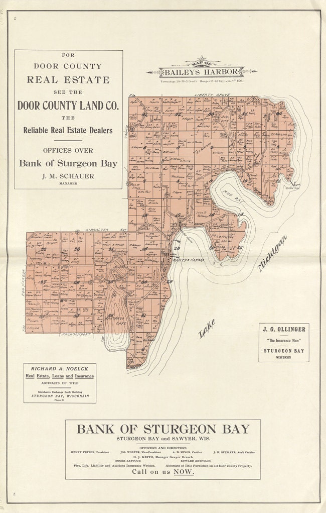 1914 Map of Baileys Harbor Township Door County Wisconsin Etsy