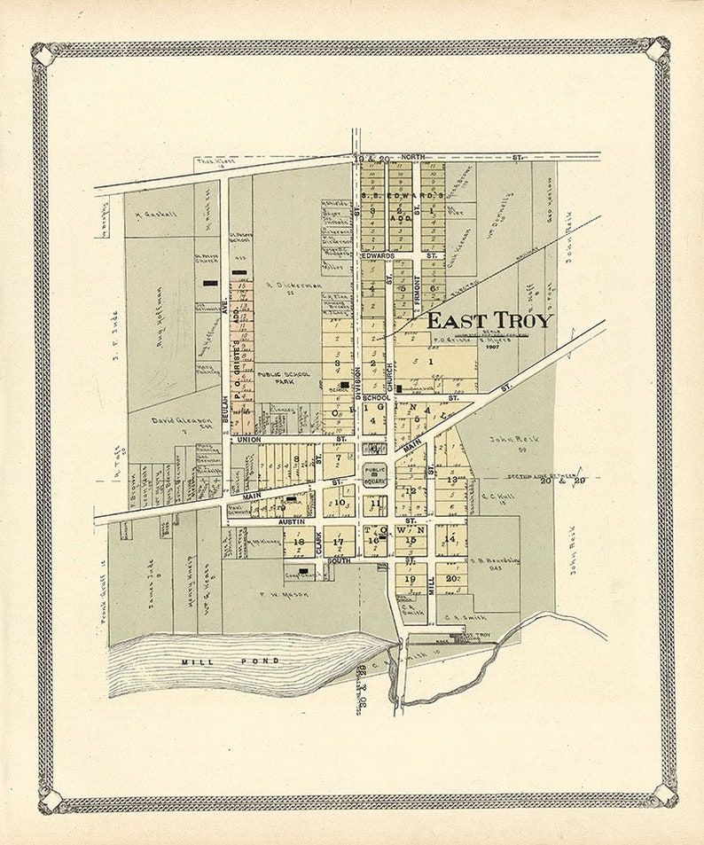 1907 Town Map of East Troy Walworth County Wisconsin Etsy