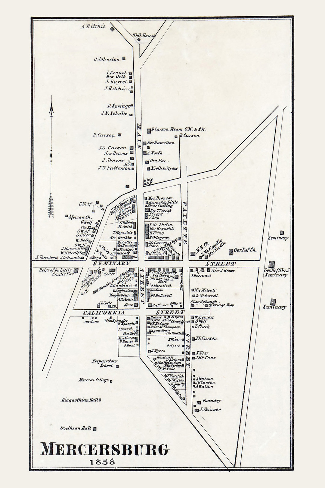 1858 Map of Mercersburg Franklin County Pennsylvania Etsy
