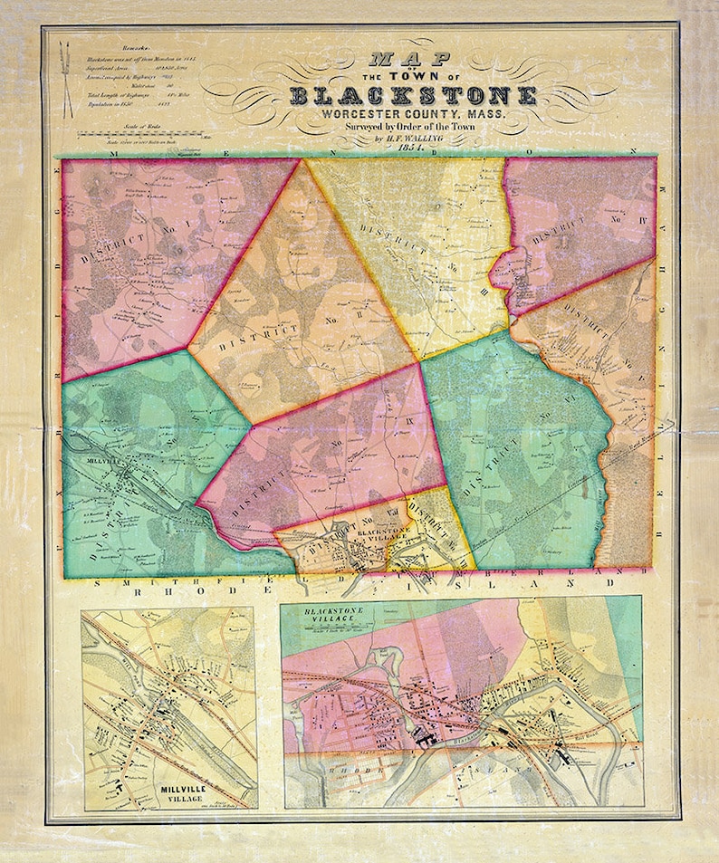 1854 Map of Blackstone Worcester County Massachusetts Etsy