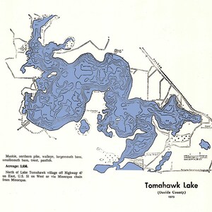 1970 Map of Tomahawk Lake Oneida County Wisconsin