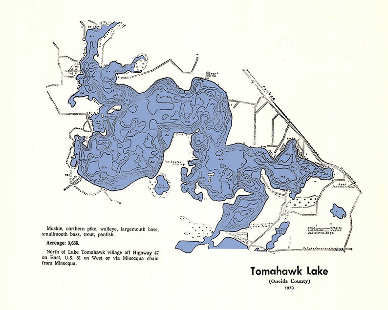 1970 Map of Tomahawk Lake Oneida County Wisconsin Etsy