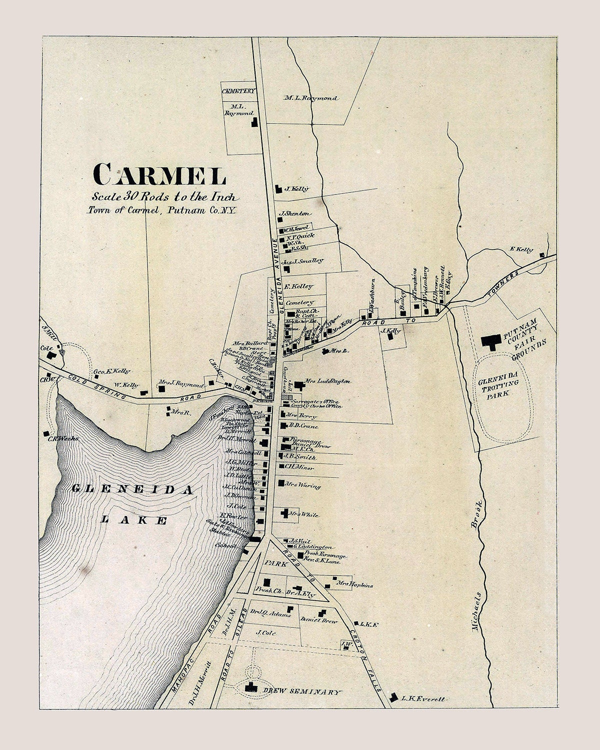 1867 Map of Carmel Village Putnam County New York