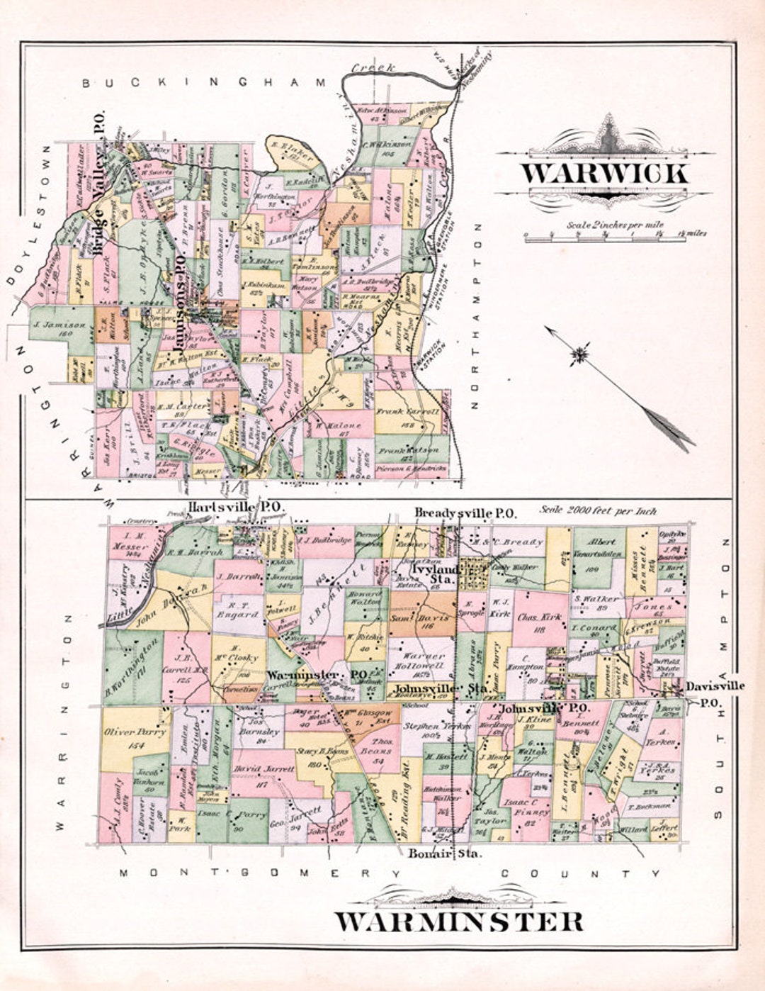 1891 Map of Warwick Warminster Township Bucks County Pennsylvania Etsy
