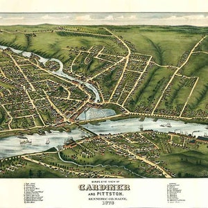 1878 Panoramakarte von Gardiner Pittston Kennebec Company Maine