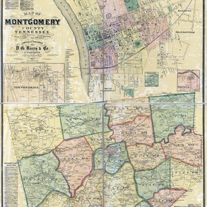 1877, carte du comté de Montgomery, Tennessee, Clarksville