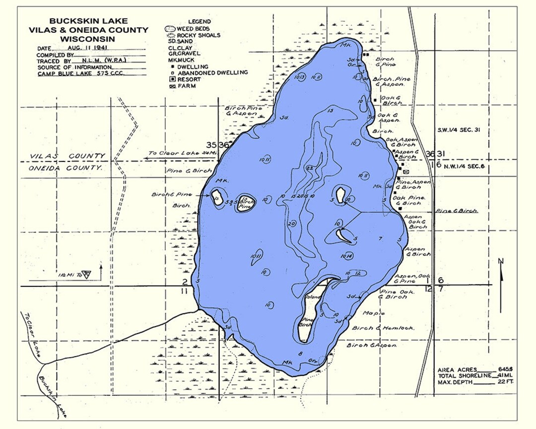 1941 Map of Buckskin Lake Vilas and Oneida County Wisconsin Etsy
