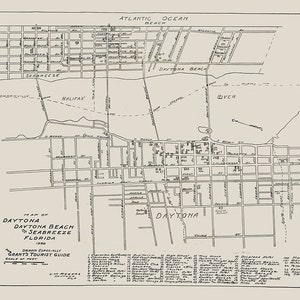 May include: A vintage map of Daytona, Daytona Beach, and Seabreeze, Florida, from 1980. The black and white map includes street names, landmarks, and the Atlantic Ocean. Drawn especially for Grant's Tourist Guide.