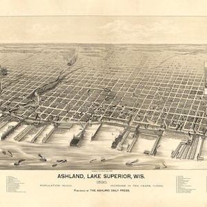 1890 Panoramakarte von Ashland Lake Superior in Wisconsin