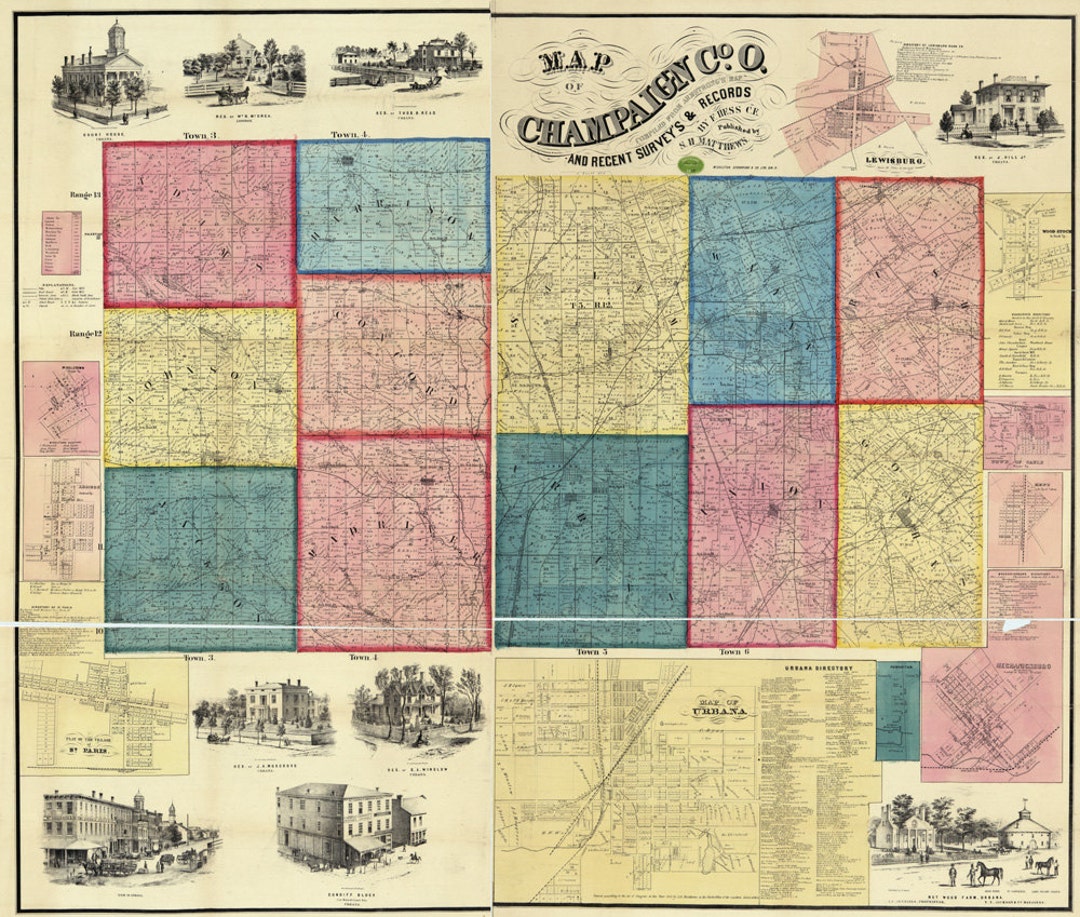 1858 Farm Line Map of Champaign County Ohio Urbana Etsy