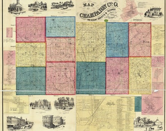 1858 Farm Line Map of Champaign County Ohio Urbana