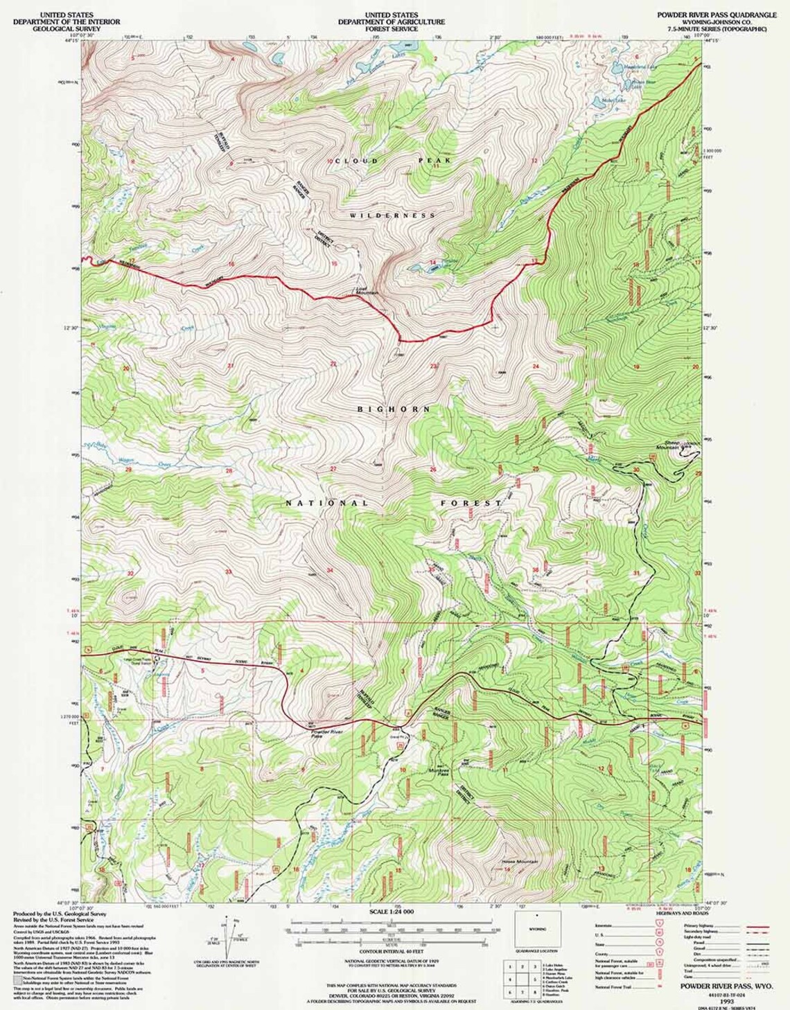 1993 Topo Map of Powder River Pass Wyoming WY Bighorn Forest Etsy