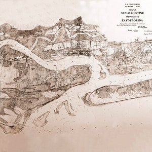 May include: A black and white map of San Augustine and vicinity, East Florida. The map shows the city layout, waterways, and surrounding landscape. The title "MAP of SAN AUGUSTINE AND VICINITY EAST-FLORIDA" is printed at the top of the map.
