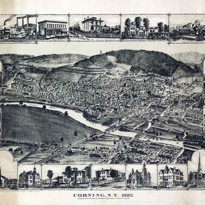 1882 Panorama-Karte von Corning New York Eriesee Siracuse Genf
