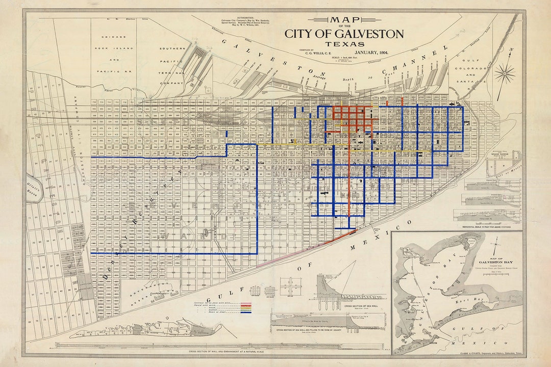 1904 Map of Galveston Texas - Etsy