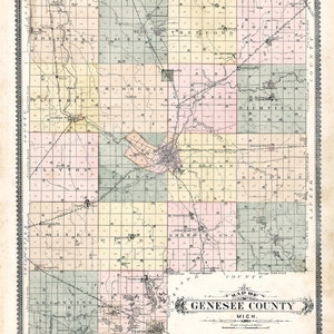 1889 Map of Genesee County Michigan Historical Cemeteries Schools Genealogy