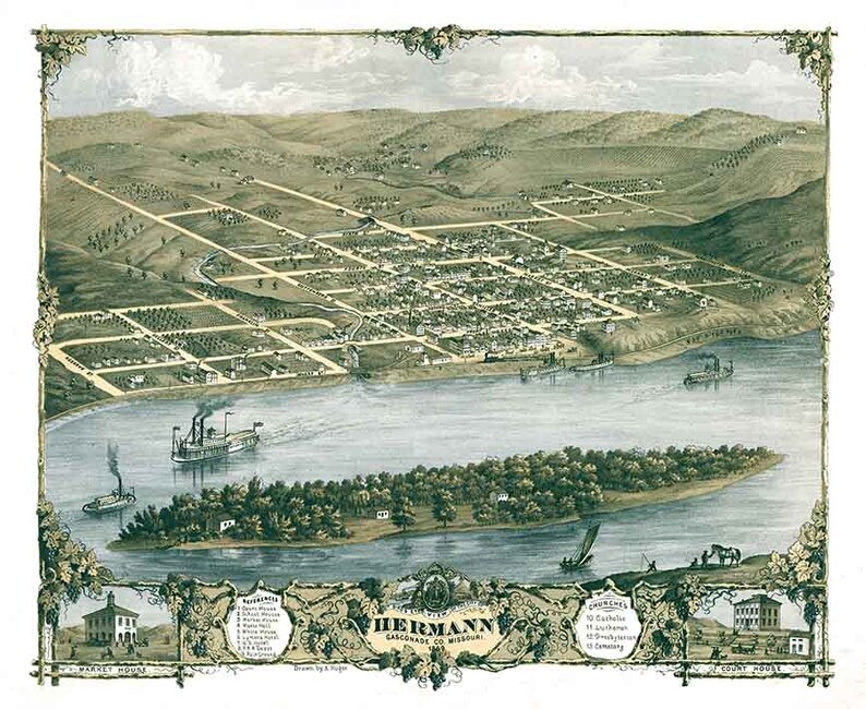 1869 Panoramic Map of Hermann Gasconade County Missouri Etsy