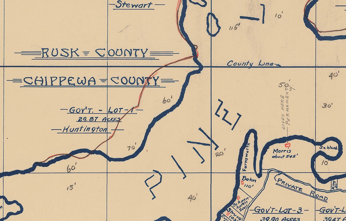 1935 Map of Pine Lake Chippewa and Rusk County Wisconsin Etsy