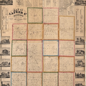 1863 Farm Line Map du comté de Lapeer, Michigan